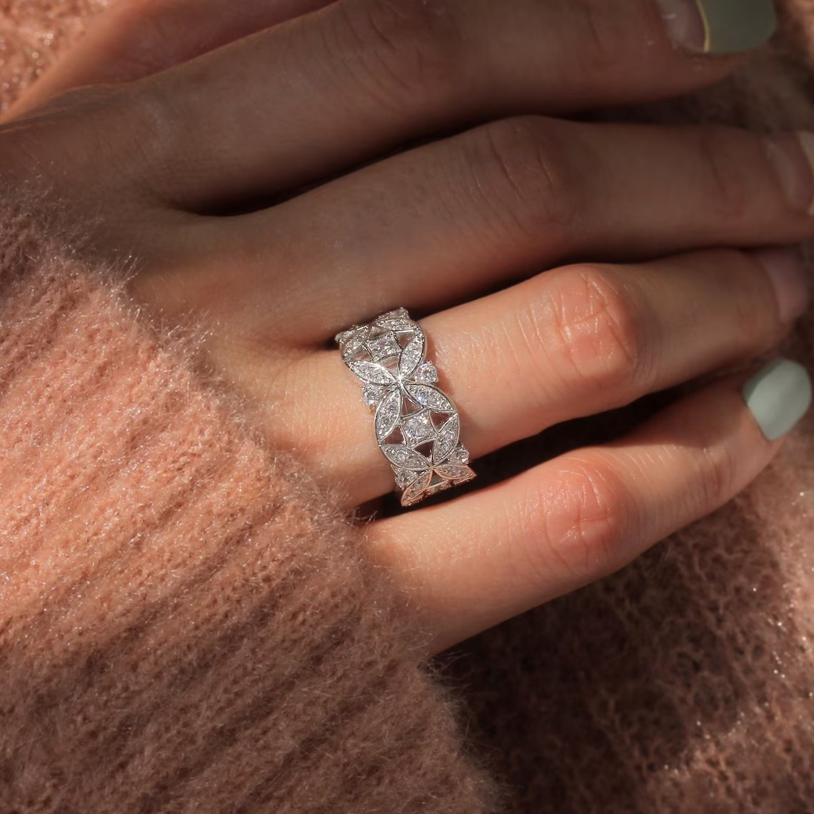 Women's Eternity Ring April Birthstone Leaf CZ Inlay Golden Plated Copper